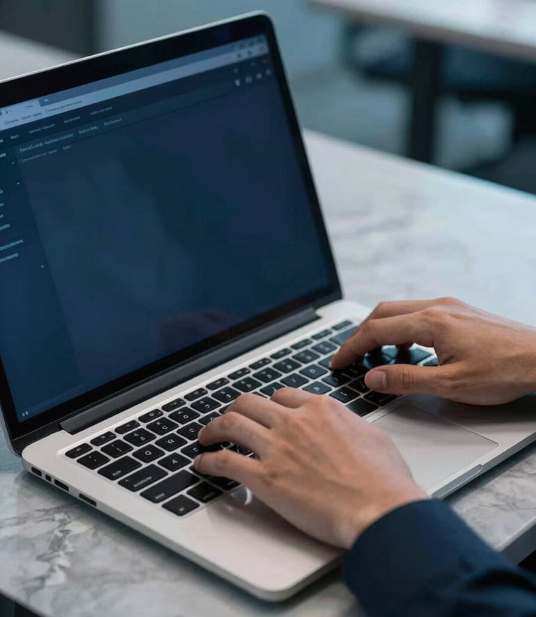 A close-up of a professional's hands typing on a sleek, high-end laptop in a modern Middle Eastern / Gulf tech office. The screen reflects soft blue light, and the desk is Mist Grey marble. Professional atmosphere with Deep Midnight Blue and Oceanic Blue tones.