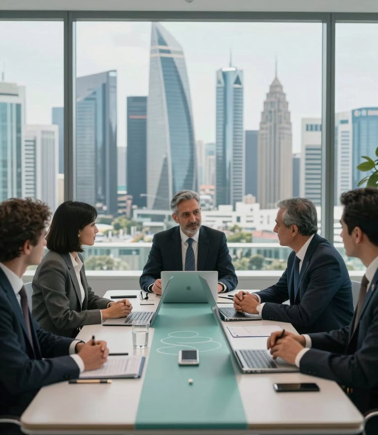 A professional business meeting occurring in a sleek, glass-walled office overlooking a modern Middle Eastern / Gulf skyline. Professionals are engaged in a strategic discussion around a table featuring soft teal and cloud grey design elements.