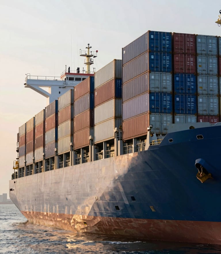 A large, modern cargo ship being loaded at a busy port in a Middle Eastern / Gulf region. Huge stacks of shipping containers in Oceanic Blue and Mist Grey. Golden hour lighting creates a trustworthy and powerful atmosphere.