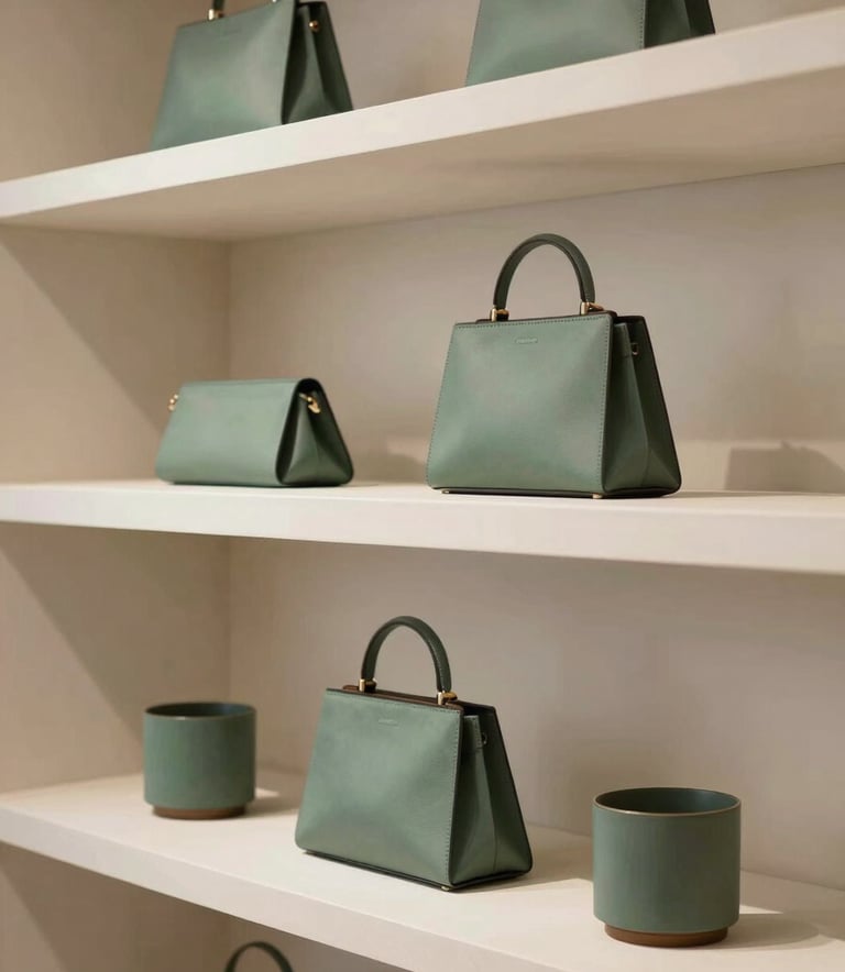 A minimalist, high-end lifestyle photograph of a curated boutique shelf with luxury items. The lighting is soft and natural, emphasizing textures. Colors include soft off-white surfaces and slate green accents.