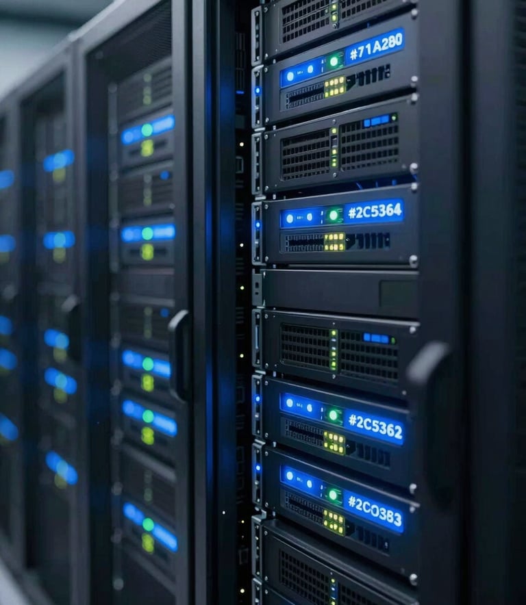 A sophisticated server room with glowing network indicators and sleek hardware, emphasizing secure and scalable infrastructure, featuring brand colors #2C5364 and #71A2B6 in the lighting.