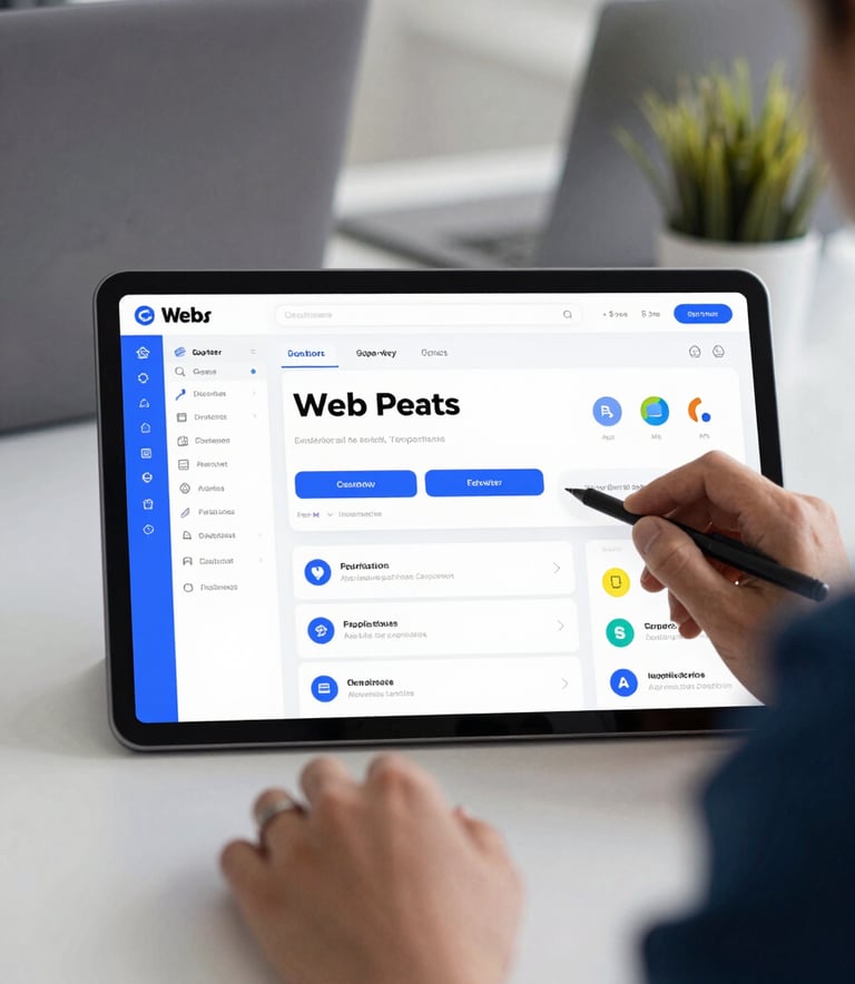 A modern office setting with a developer interacting with a high-end web platform dashboard on a tablet, with clean aesthetic and #71A2B6 color accents.
