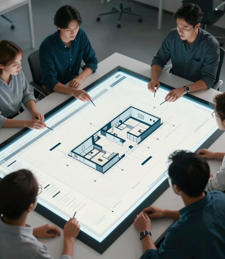 A high-angle shot of a digital engineering team working around a large glowing touch-screen table showing architectural software schematics. The composition is clean and modern, with a color palette of deep teal (#1A2E35) and off-white (#EDF2F4). The lighting is sharp and cinematic, highlighting innovation and strategic expertise.