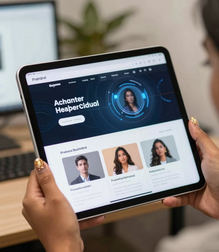 A close-up of a professional showing a tablet screen with a clean website to a client in a bright, modern North American cafe. Soft morning sunlight and a warm, inviting atmosphere.