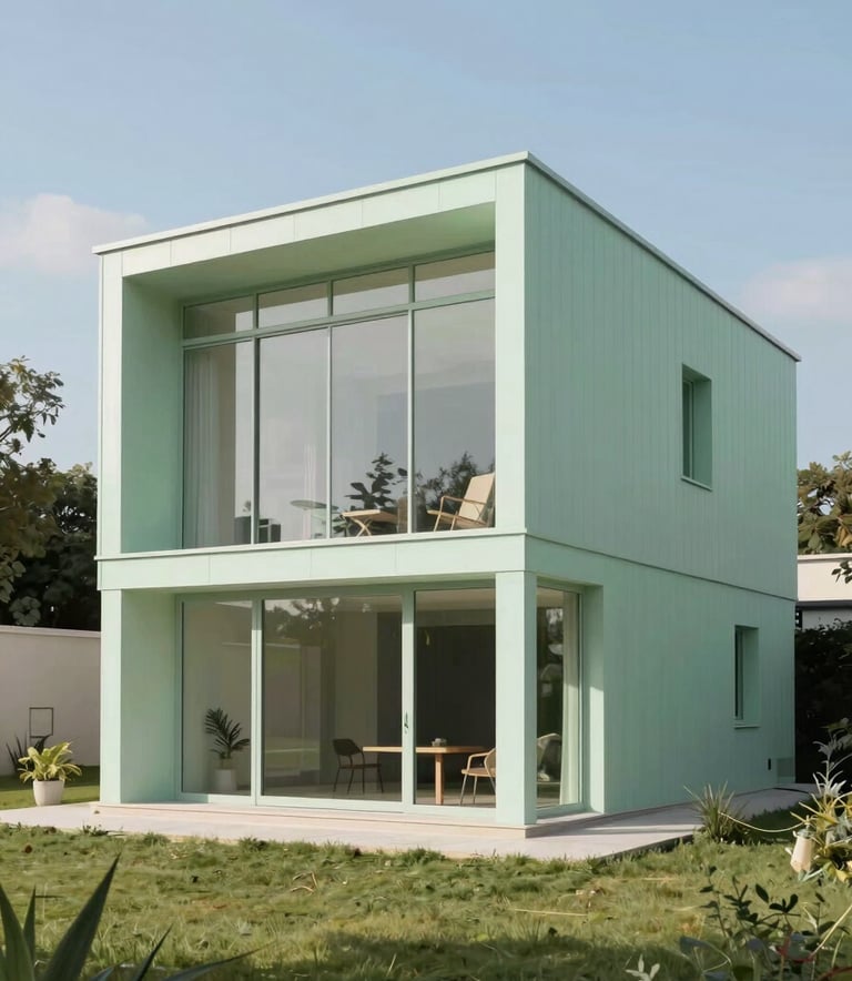 An exterior view of a sustainable, modern European / French house during a clear day. The architecture features clean lines, large glass panels, and energy-efficient materials. The surrounding landscape is a soft Pale Mint green.