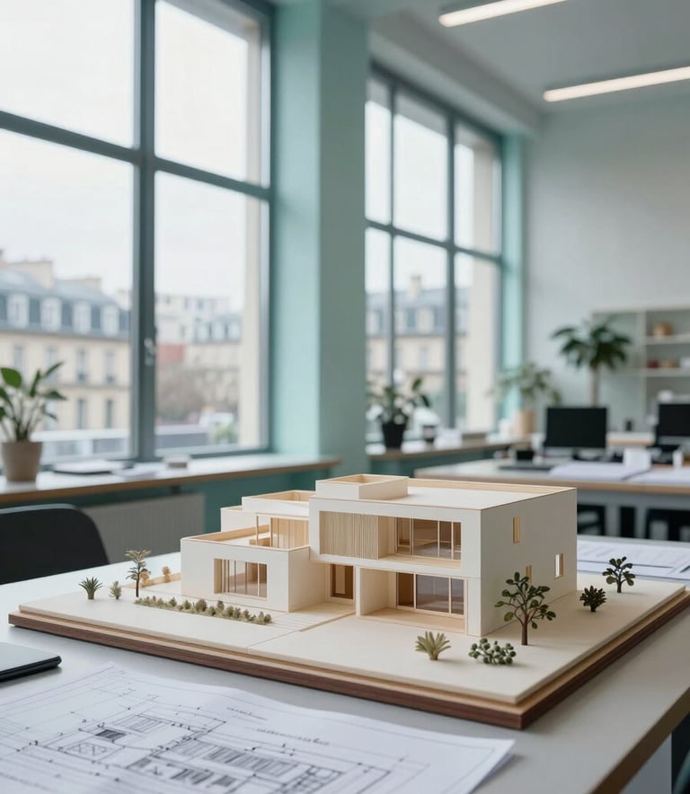 A wide shot of a modern European / French architectural studio with large windows. On a desk, a detailed scale model of a contemporary house and professional blueprints are visible. The lighting is bright and natural, reflecting an Ice Blue and Pale Mint color palette through the interior design.