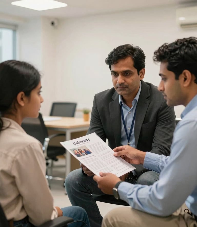 A professional setting in a modern South Asian office where a counselor is showing a university brochure to a student and their father. The atmosphere is supportive and serious, with warm indoor lighting and clean white walls.