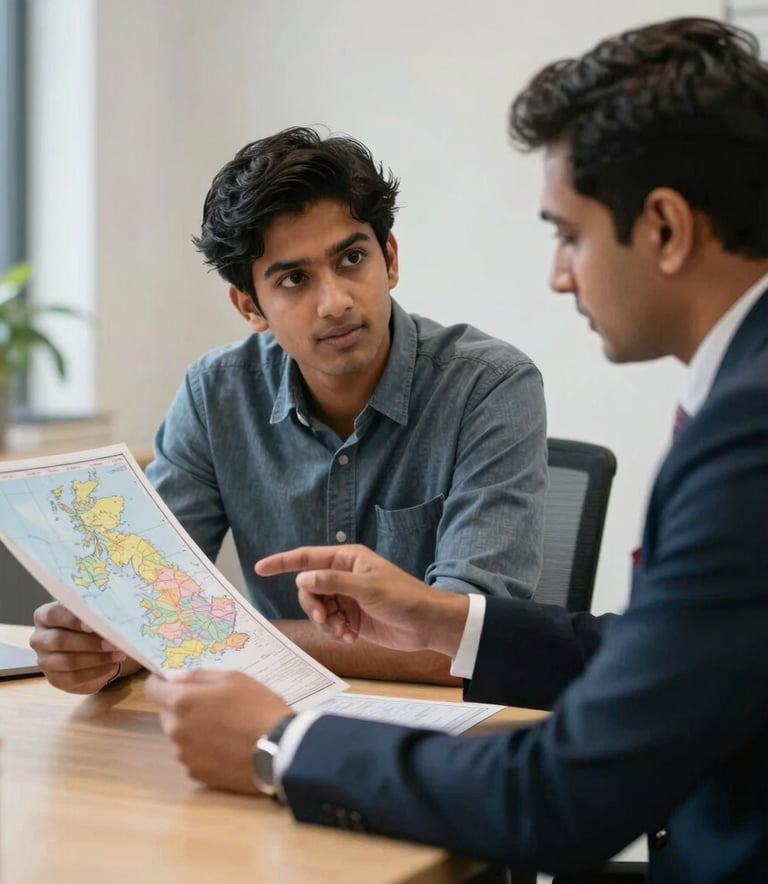A South Asian student sitting at a clean wooden desk in a professional office setting, discussing a map of the United Kingdom with an expert consultant.