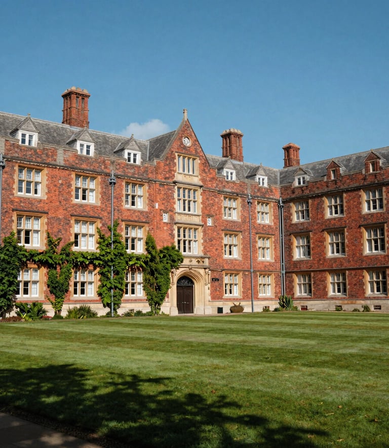 A beautiful wide photography shot of a historic red-brick UK university campus with green ivy and well-maintained lawns under a clear blue sky.