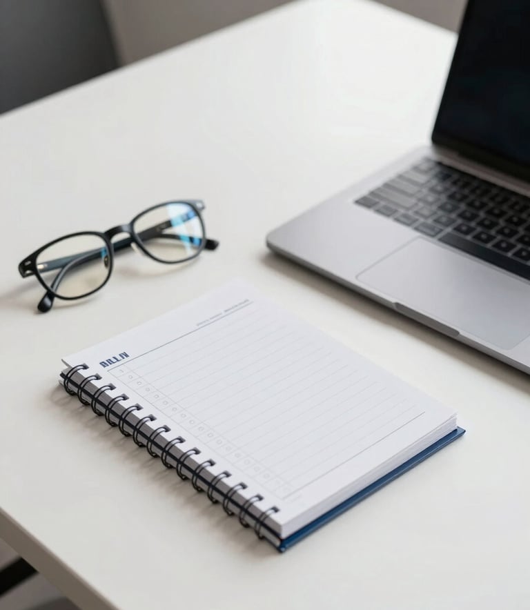 A wide angle shot of a clean, minimalist professional desk in Maryland. A pair of glasses and a structured planner sit next to a laptop. The lighting is bright and efficient, using a palette of steel blue and off-white to convey absolute professionalism.