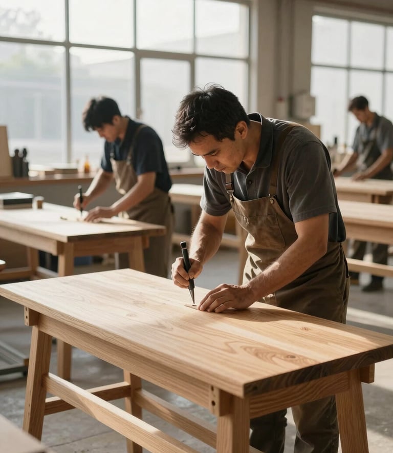 High-end furniture manufacturing facility in North American / US, showing skilled artisans using precision tools on light oak wood. The setting is bright with natural sunlight from large windows, conveying a clean, professional, and sophisticated workspace.