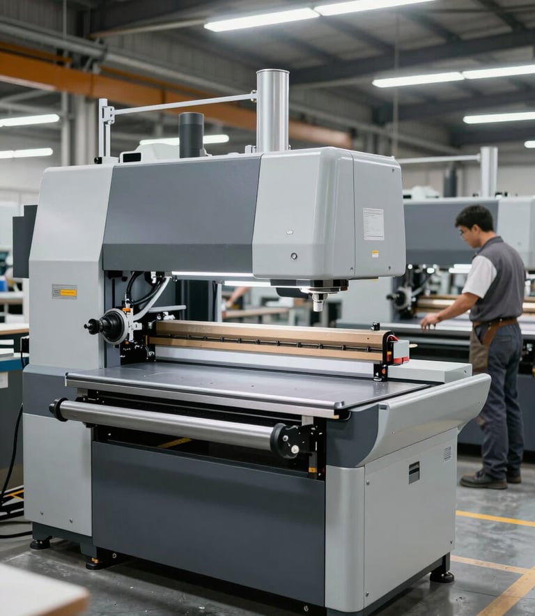 Interior view of a modern furniture manufacturing facility in the US, featuring clean lines, advanced woodworking machinery, and craftsmen in professional attire, silver and slate gray accents.