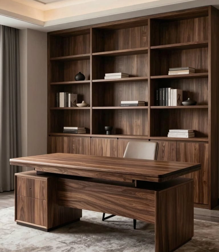 A sophisticated interior of a modern North American / US home office, featuring a bespoke walnut desk and custom shelving. The lighting is soft and inviting, highlighting the elegant grain of the wood and the clean architectural lines.