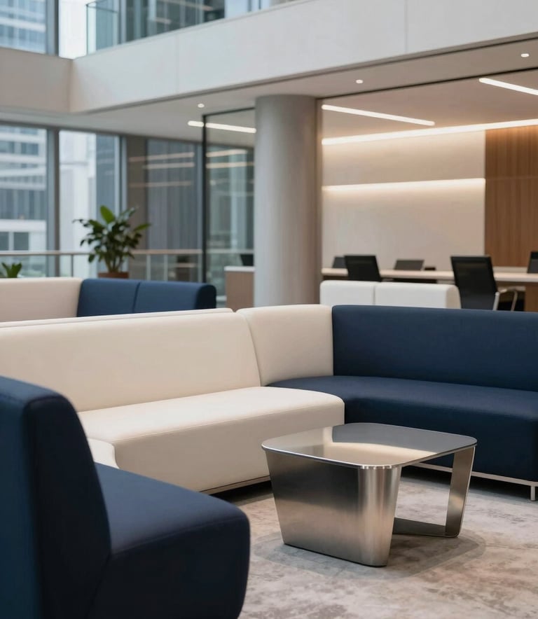 A premium commercial office lounge in a North American skyscraper, showcasing custom modular seating and sleek metal accents, soft pearl and deep navy tones, high-end commercial photography.