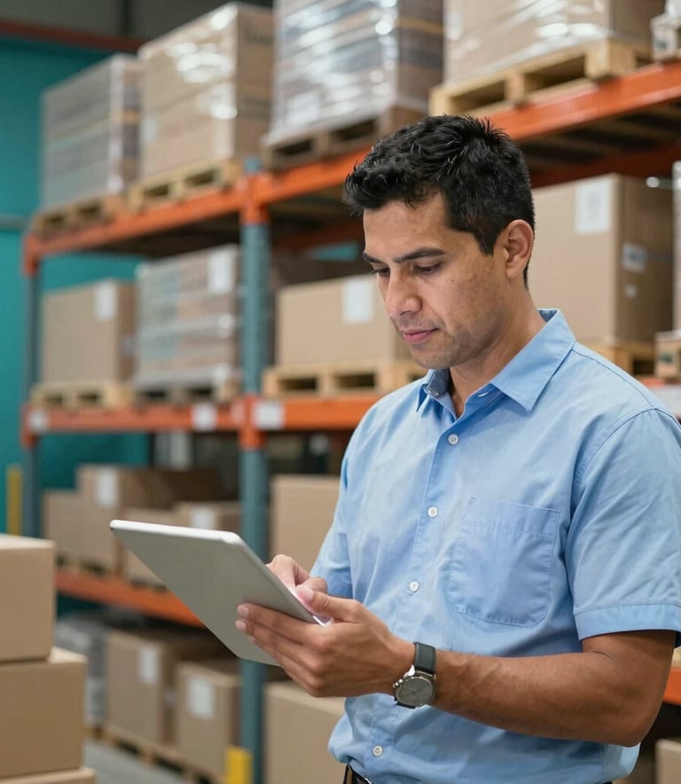 A crisp, well-lit photograph showing a modern warehouse manager in a Latin American and Spanish SMB market setting, checking inventory on a tablet. The background features organized steel racks with neatly arranged boxes. Clean lighting, highlighting teal and light blue accents in the warehouse details. Natural, professional atmosphere focusing on efficiency.