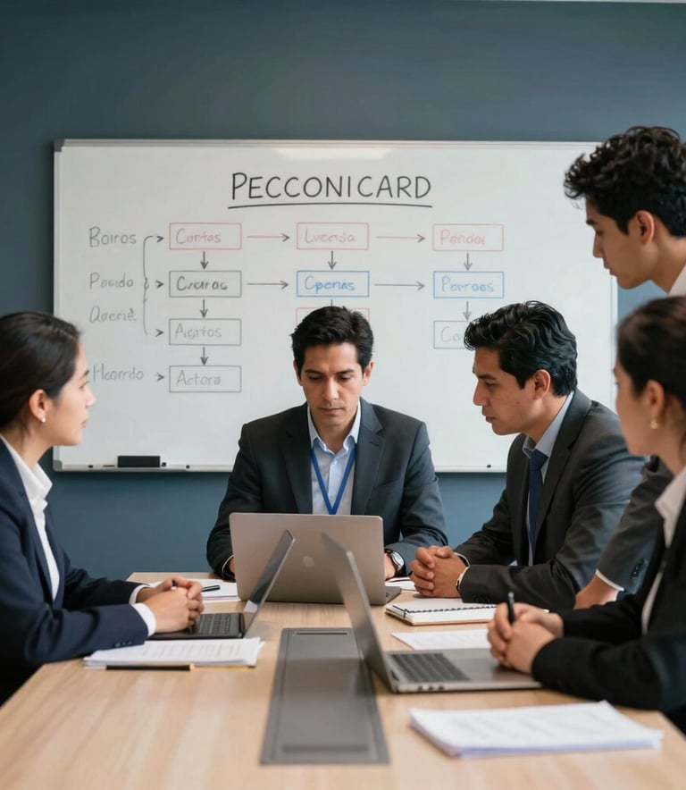 An authentic documentary-style photograph of a collaborative team training session in a small Latin American and Spanish business. Three professionals gather around a clean conference table with a whiteboard in the background displaying process workflows. Lit with soft, bright daylight, conveying operational clarity and growth with dark slate and teal colors in the decor.