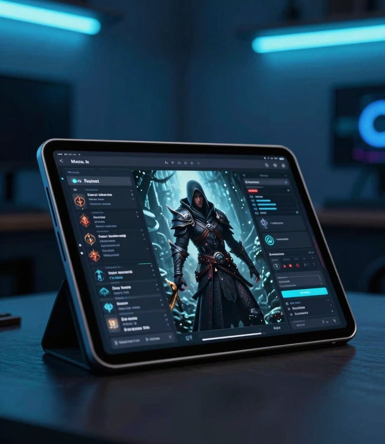 A close-up shot of a high-end digital tablet in a modern North American / US gaming room, displaying a detailed character sheet for a rogue, illuminated by neon cyan light and surrounded by deep cobalt shadows.