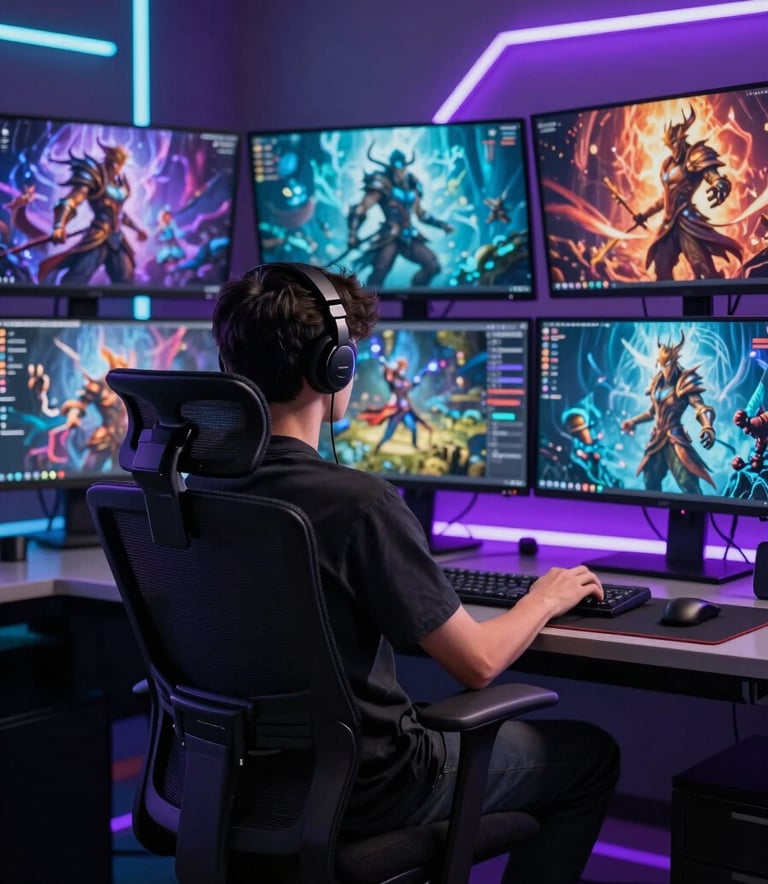 A professional North American / US game developer sitting in an ergonomic chair at a futuristic workstation, back turned to camera, facing a wall of screens showing vibrant fantasy character art, room filled with dim purple and cyan neon accents.