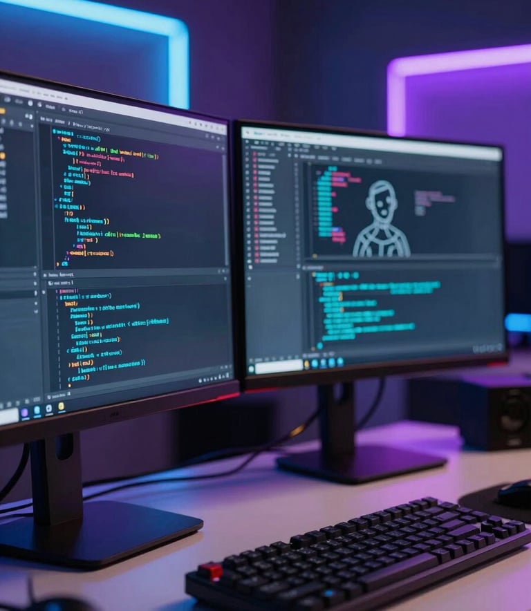 A close-up of a high-tech digital workspace in a modern North American / US studio, featuring sleek monitors displaying lines of code and character wireframes with neon cyan and electric purple ambient lighting, professional photography, shallow depth of field.