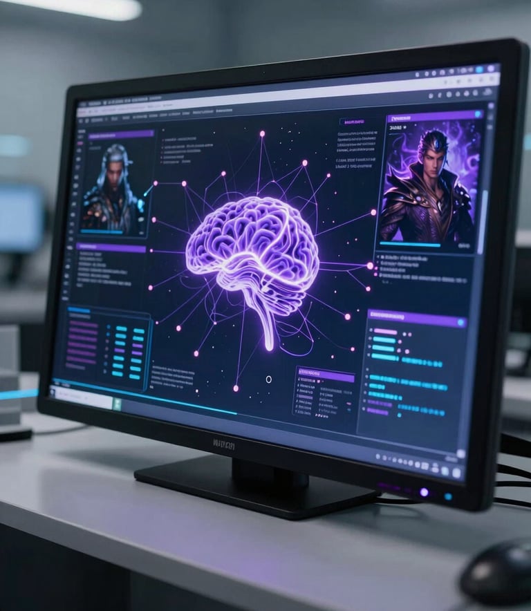 A cinematic shot of a futuristic data terminal in a North American / US tech lab, displaying complex neural networks and fantasy character portraits in electric purple and midnight navy hues.