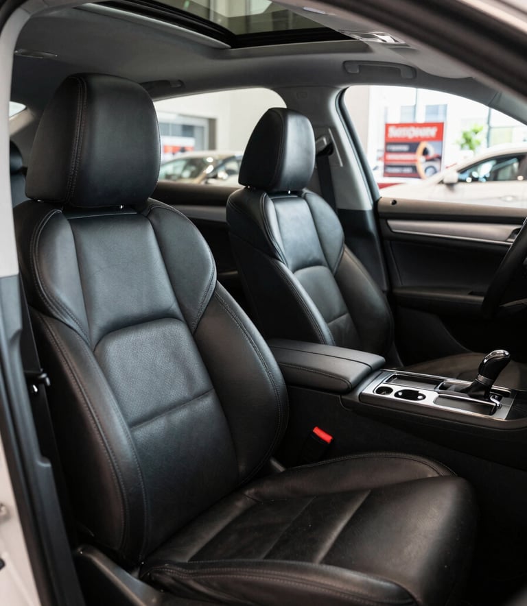A wide-angle photography shot of a meticulously clean car interior, focus on the leather seats and polished dashboard, bright daylight through the window, North American detailing shop background.
