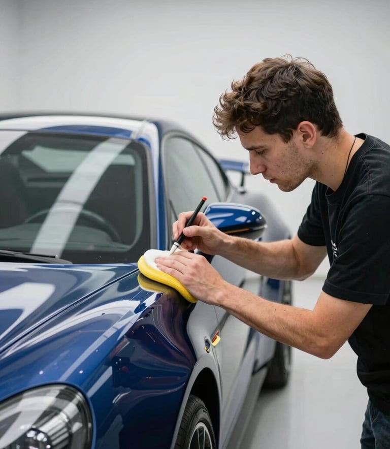 A professional automotive detailer in a clean, modern North American garage carefully polishing a deep blue sports car. The lighting is bright and crisp, highlighting the mirror-like finish on the car body.
