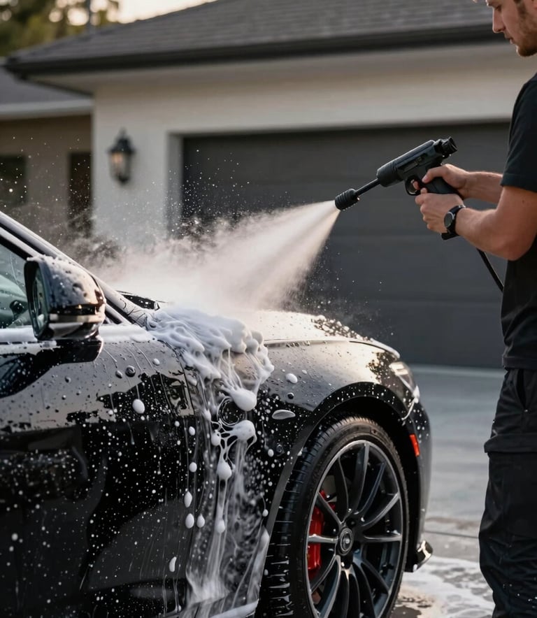 A close-up photograph of a professional technician using a high-pressure foam cannon on a high-end black car, thick white soap suds covering the body, set in a modern North American driveway with crisp afternoon lighting.