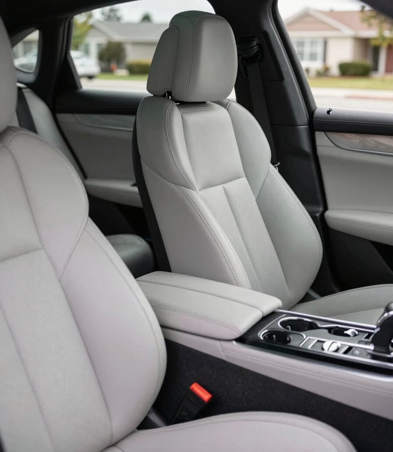 A detailed shot of a luxury car interior after an elite detail package. The leather seats are matte and perfectly clean, and the center console is free of dust, shot in a North American suburban setting.