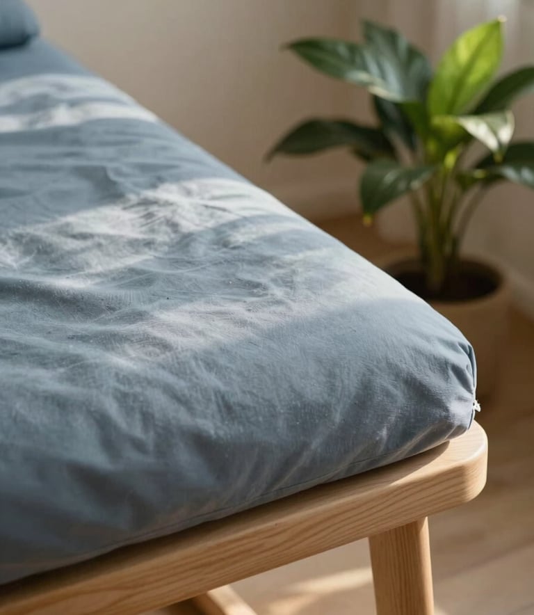 A detailed close-up of a serene therapeutic environment. A soft blue-grey cushion rests on a minimalist wooden chair next to a small green plant. The lighting is warm and natural, casting soft shadows, conveying professional expertise and tranquility.