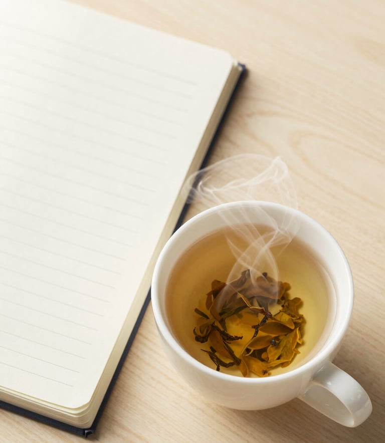 Top-down view of a steaming cup of herbal tea and an open notebook on a light wooden table. The aesthetic is clean and serene with pale frost tones.