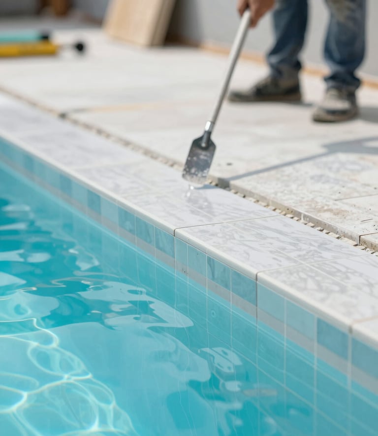 A close-up shot of a swimming pool under construction, showing precision tiling and expert masonry work. Clean, bright, and organized workspace with #2D728F highlights.