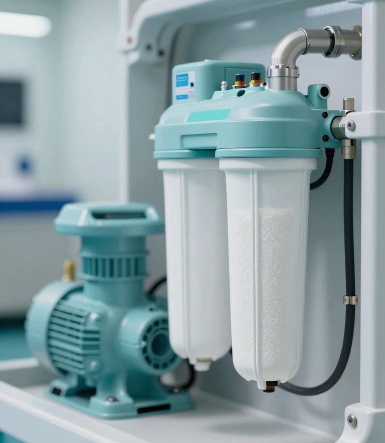 Close-up of high-quality pool technical equipment, including a pool pump and sand filter system, installed in a clean, modern mechanical room. The lighting is bright and professional, highlighting the reliability of the machinery. Minimalist aesthetic with subtle accents of #2D728F blue and #A2D9D9 highlights, conveying technical expertise.