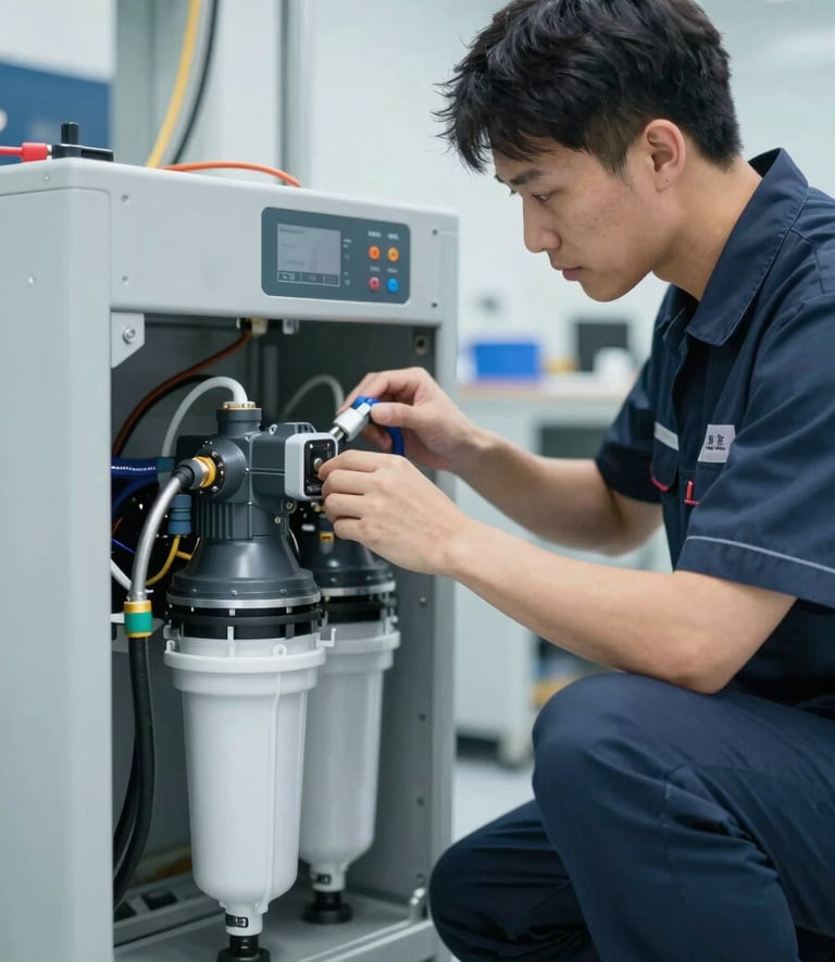 A professional technician inspecting a high-tech pool filtration and pump system in a clean mechanical room. Modern equipment in #0A2E36 tones, bright and clear lighting, professional setting.