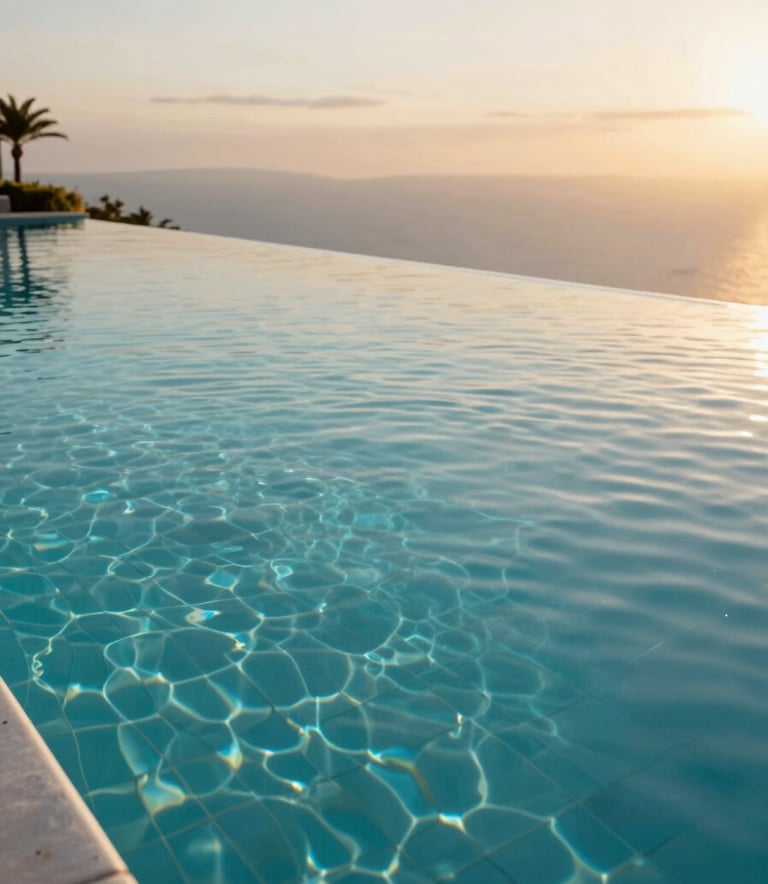 A stunning, modern infinity pool at sunset, showing crystal clear water and high-quality tiling. The atmosphere is serene and luxurious, incorporating the #0A2E36 teal and #A2D9D9 light blue in the water reflections. Professional architectural photography style.