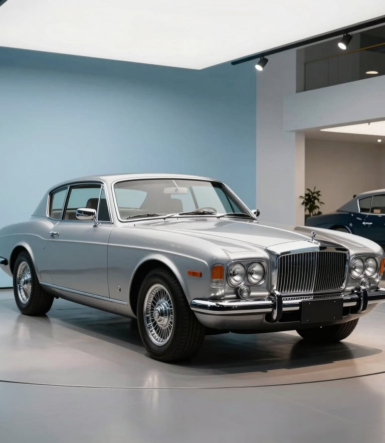 A pristine vintage silver luxury coupe parked inside a minimalist modern showroom with light blue accents, professional studio lighting, North American / European Luxury Automotive Market.