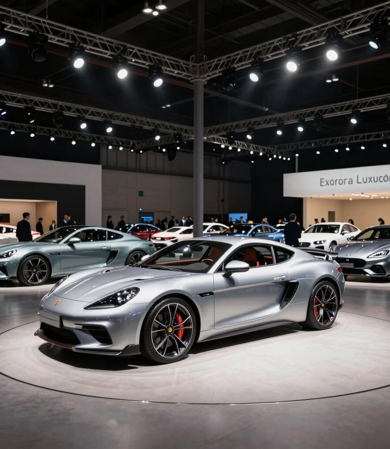 A wide-angle photography shot of a prestigious luxury car auction hall, a silver high-performance coupe center stage under bright spotlights, an atmosphere of exclusivity, North American / European Luxury Automotive Market.