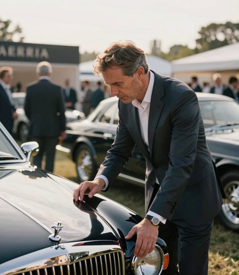 A professional in a tailored suit inspecting the chrome detail of a classic bespoke car at a prestigious outdoor auction event, soft morning sunlight, North American / European Luxury Automotive Market.
