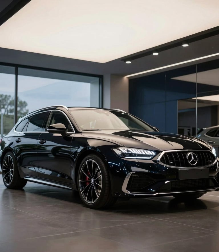 A low-angle photography shot of a black high-performance German grand tourer parked in a minimalist modern showroom with glass walls, soft overhead studio lighting, reflecting deep navy tones, North American / European Luxury Automotive Market.