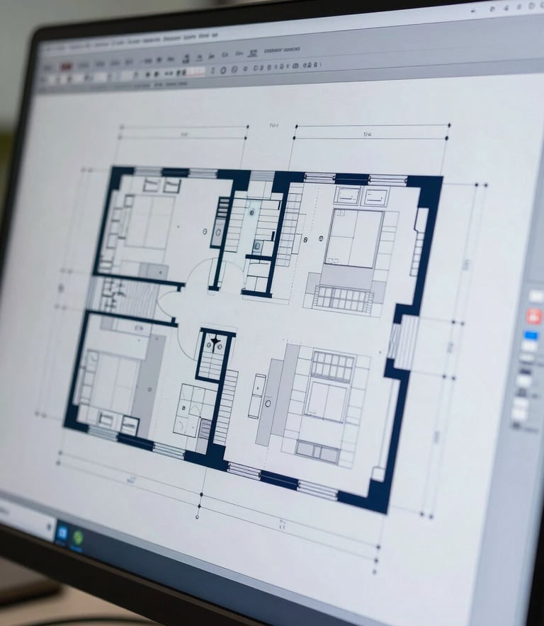 Close-up of high-resolution CAD software on a screen showing intricate architectural floor plans, with dark navy and light blue-grey lines representing structural details in a professional North American office.