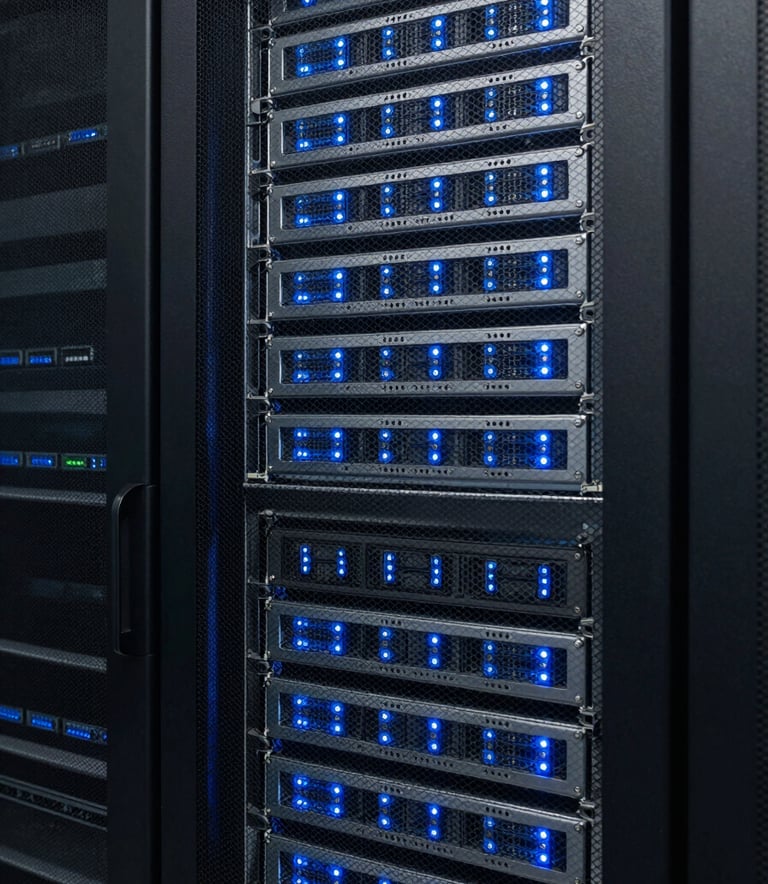 A sharp, eye-level photograph of a secure server room with blinking light grey and steel blue lights, representing modern technology and data privacy in a professional North American facility.
