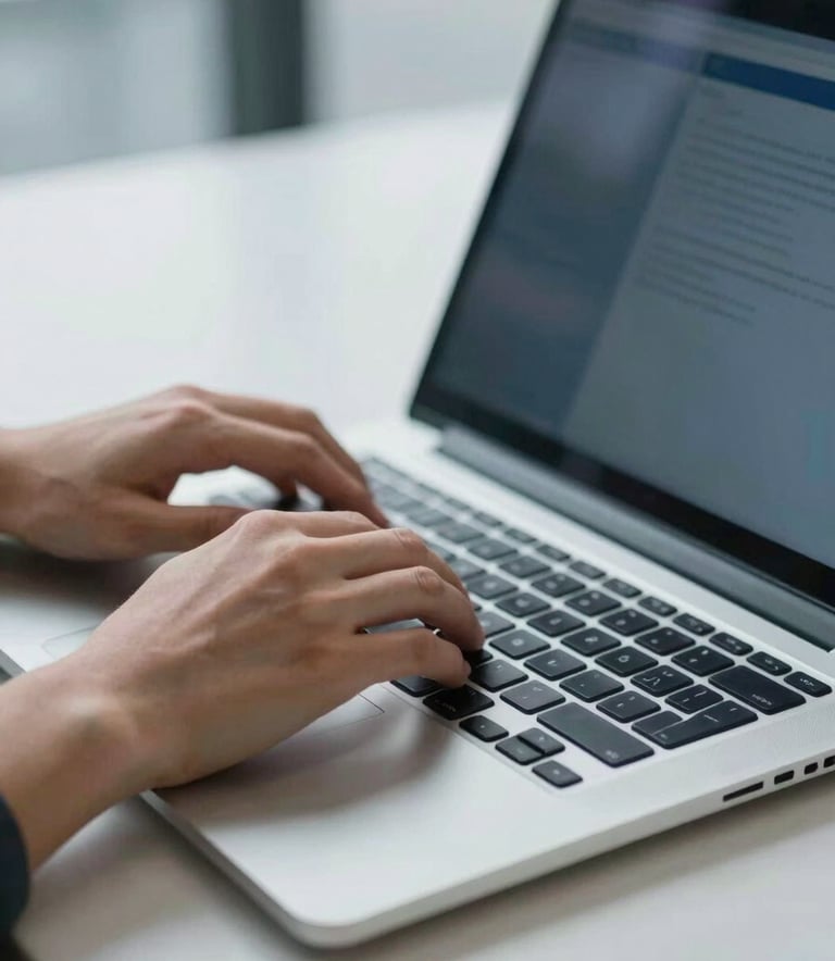 A close-up of a person's hands typing on a high-end, silver laptop in a bright North American office setting. The composition is clean and modern with a shallow depth of field, using a palette of steel blue and light grey tones.