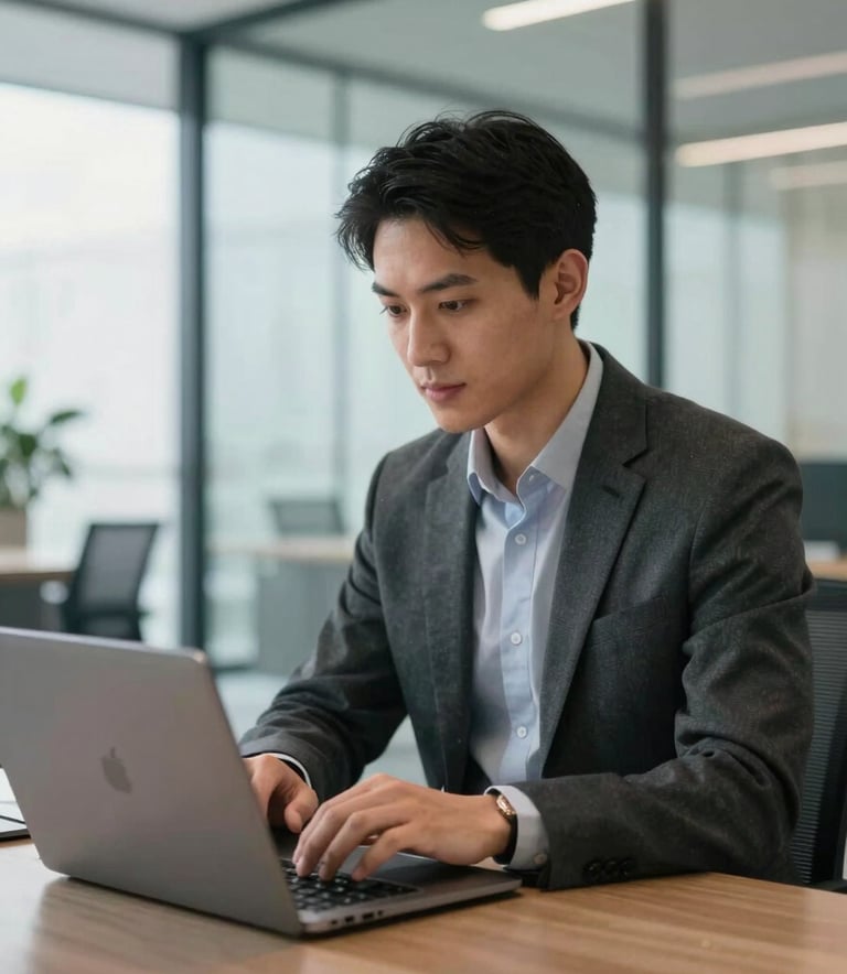 A professional person working on a sleek laptop in a bright, modern glass-walled office in the North American / US region, emphasizing a trustworthy and efficient tech-focused atmosphere.