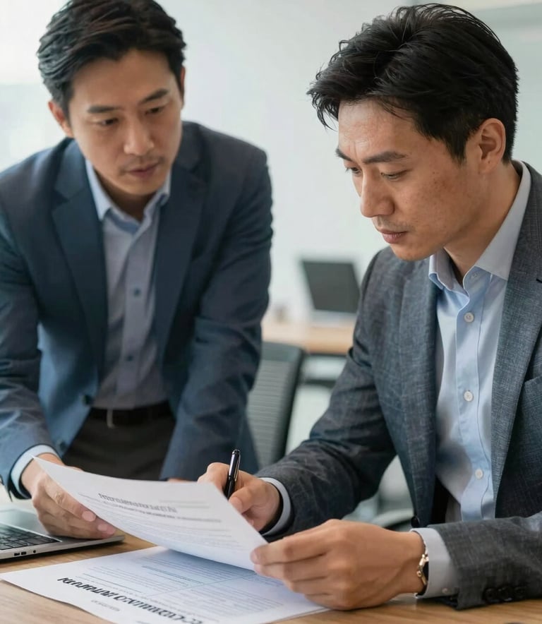 A close-up photograph of two strategic consultants in a professional North American office, reviewing a community outreach plan. The scene is lit with soft natural light, conveying trustworthiness and professional expertise. Slate blue and grayish blue accents are visible in their attire and the modern office decor.
