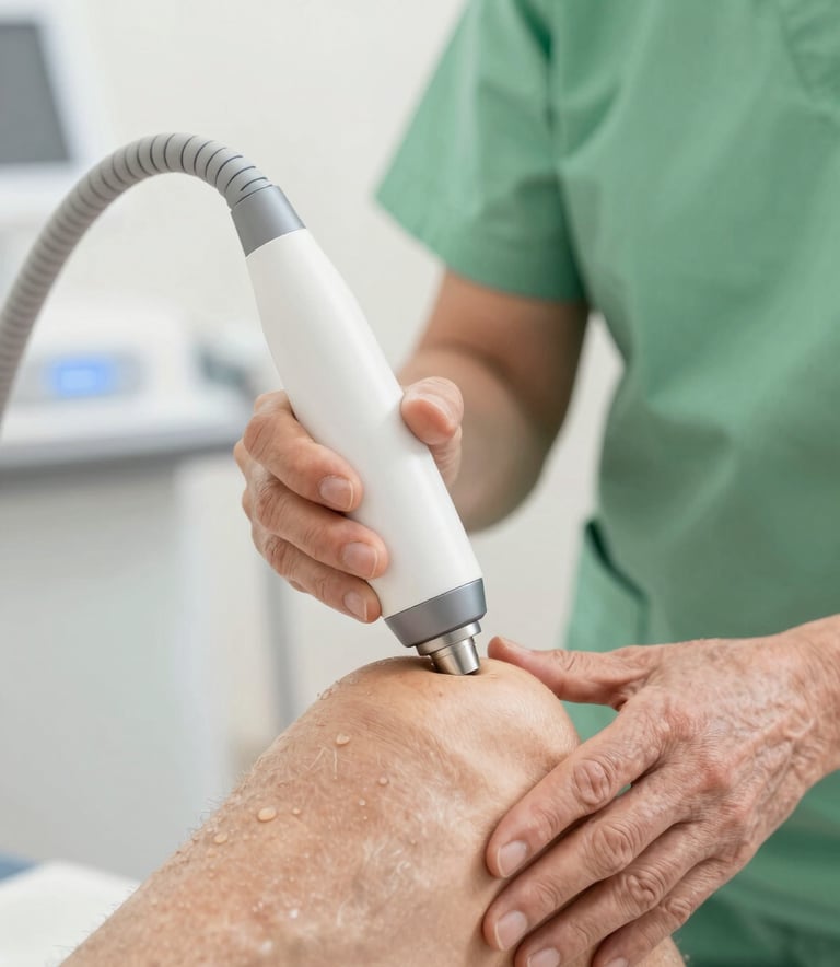 Close-up of a modern laser therapy device being used gently on an elderly patient's knee. The scene is bright and professional, showing the expert hands of a therapist. Soft lighting highlights the calm atmosphere. Color palette includes soft greens (#4A7C73) and clean whites (#F4F9F8).