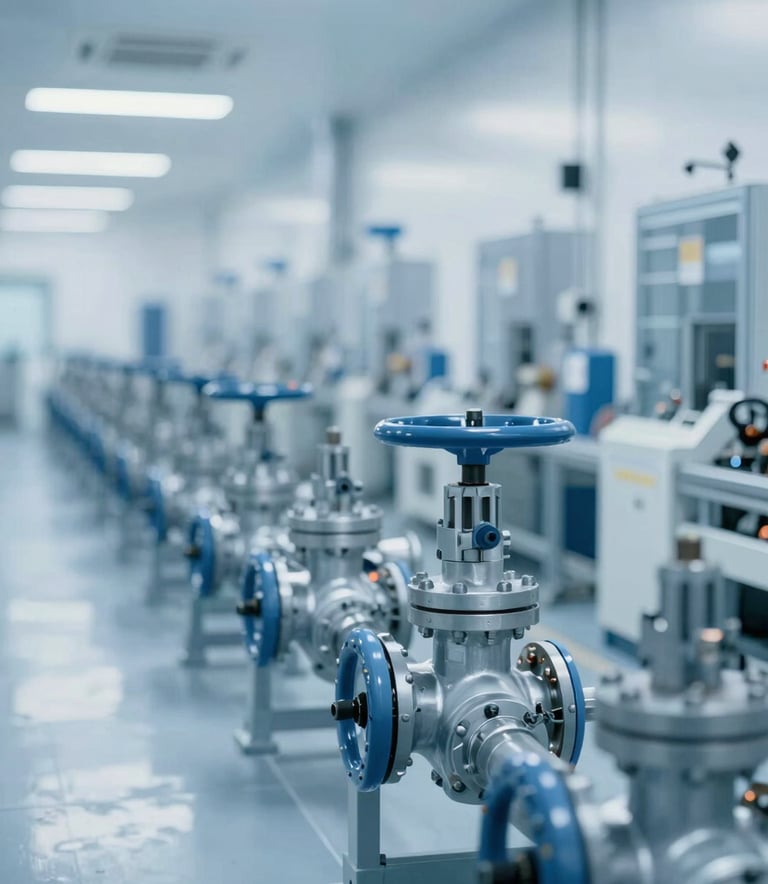 A wide shot of a modern, clean industrial manufacturing plant floor where valves are being assembled. The lighting is bright and professional, emphasizing the sterile and organized environment. Subtle blue tones (#8FA6BC) are present in the machinery.