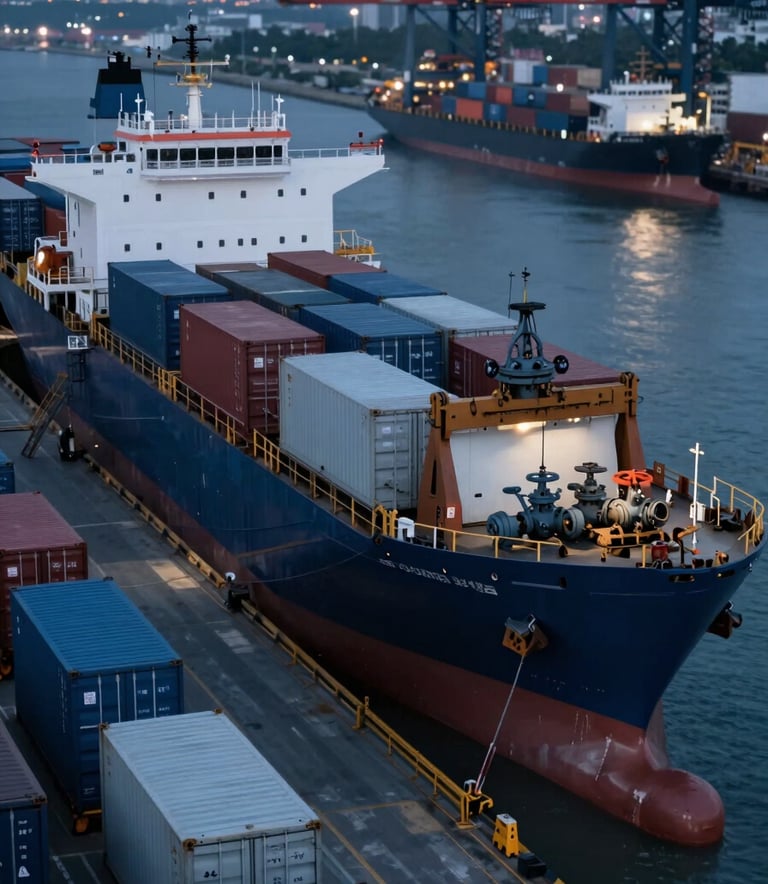 A high-angle, wide shot of an industrial shipyard at dusk. Massive shipping containers and large-scale valve crates are being loaded. The lighting is professional and moody, using deep shadows (#1A202C) and metallic blue highlights (#3C5F7F), emphasizing global reliability and logistics.
