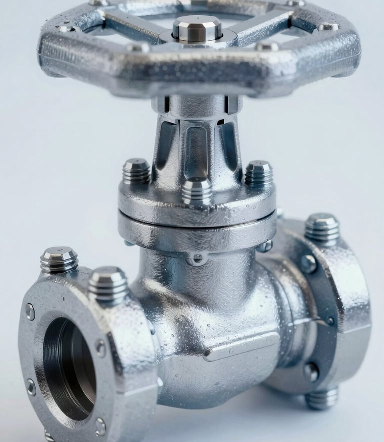 A close-up, detailed macro photograph of a stainless steel industrial valve. The focus is on the precision of the bolts and the smooth finish of the metal. Studio lighting highlights the engineering quality using tones of #8FA6BC and #E0E5ED, conveying a sense of established authority.