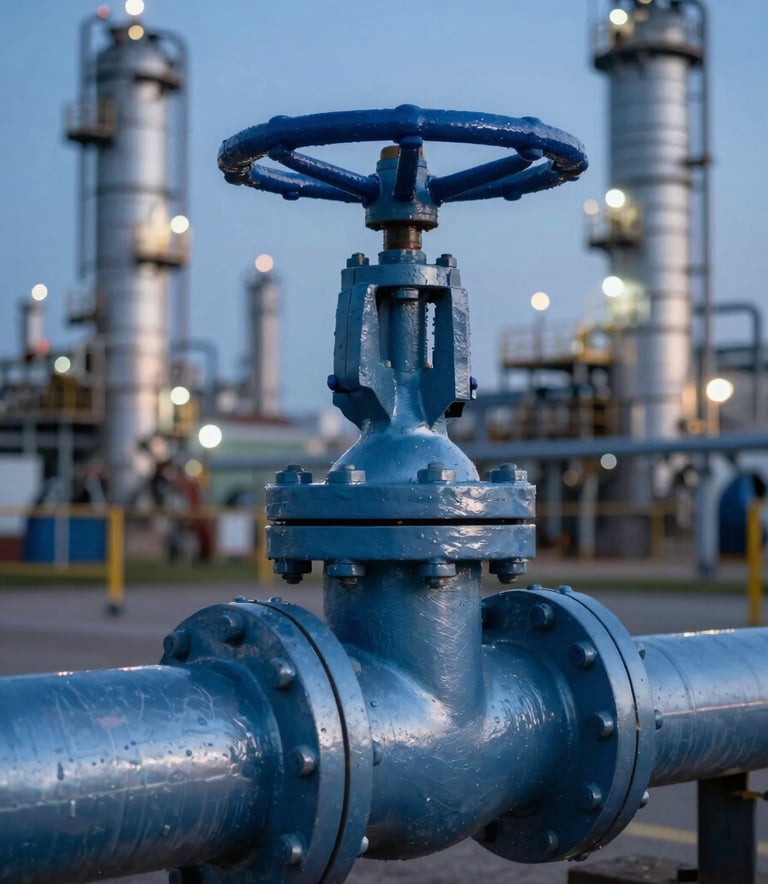 A large industrial gate valve installed on a pipeline in an oil refinery at dusk. The metallic surface has a cool blue sheen (#3C5F7F) with highlights from surrounding industrial lights. Sharp focus on the valve wheel and bolts, professional photography style, conveying robustness and reliability.