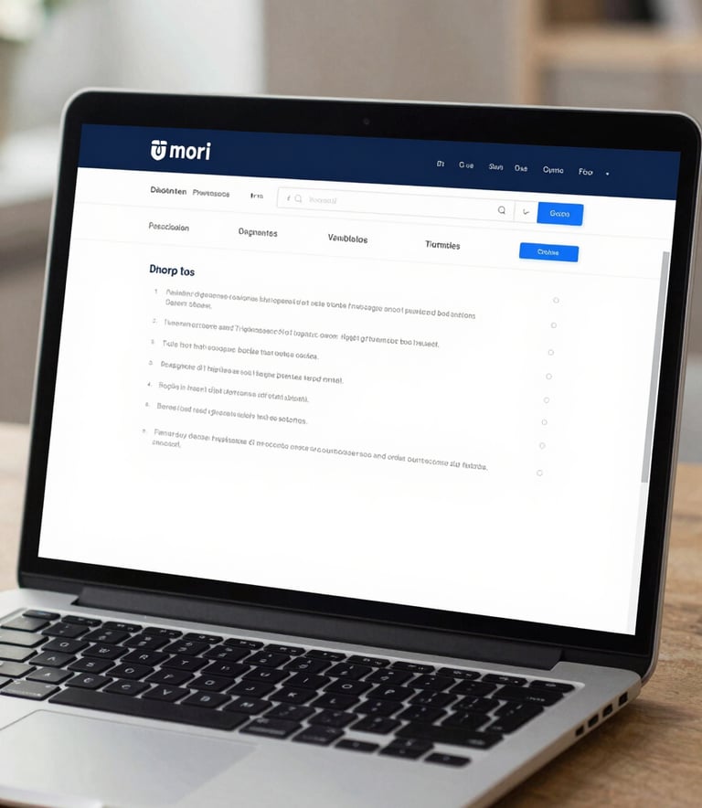 A close-up of a high-resolution laptop screen displaying a clean, professional website dashboard with dark navy blue and sky blue interface elements, located in a bright European / French studio.