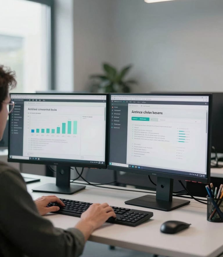 A professional developer working at a desk with dual monitors in a modern European / French tech office, the room is filled with soft natural light and features pale mist gray accents.